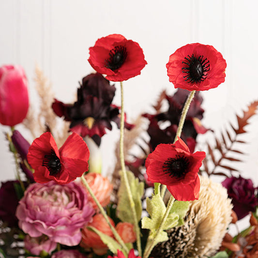 Poppy Spray 4x Flowers Black Centre Red (58cmH)