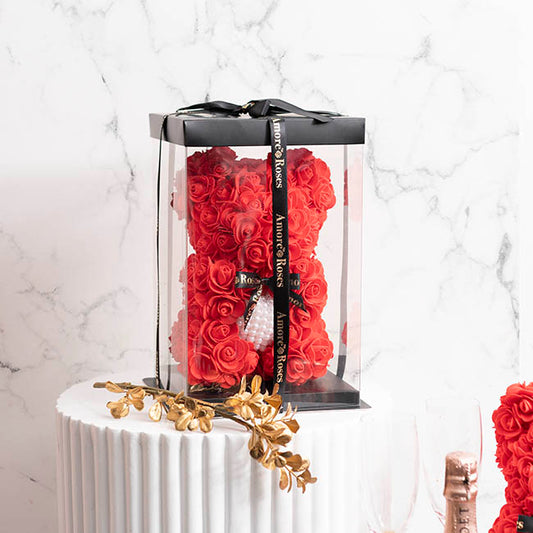 Amore Rose Bear w Pearl Heart & Black Bow Red (25cmH)