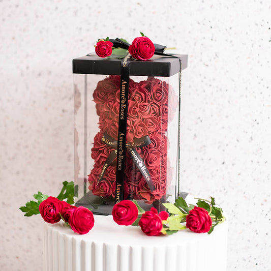 Amore Rose Bear w Black Bow Dark Red (25cmH)