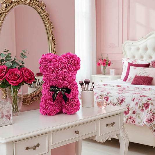 Amore Rose Bear w Black Bow Hot Pink (25cmH)