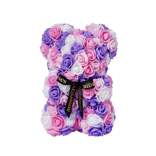 Amore Rose Bear w Black Bow Pink & Purple (25cmH)