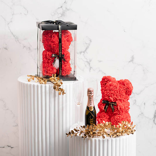 Amore Rose Bear w Black Bow Red (25cmH)