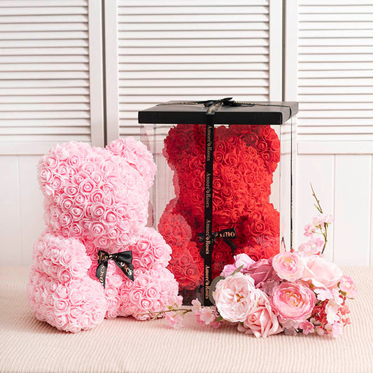Amore Rose Bear Large w Black Bow Soft Pink (35cmH)