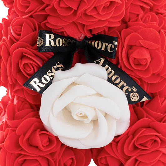 Amore Rose Bear w White Flower & Black Bow Red (25cmH)