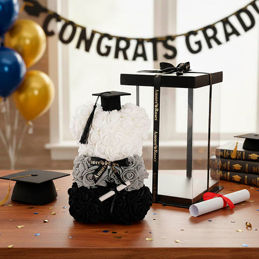 Graduation Amore Rose Bear w Black Bow&Hat Ombre Black(25cmH