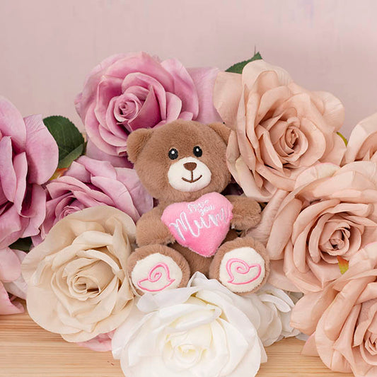 Mini Teddy Bear Alfie w Love You Mum Heart Brown (14cmST)
