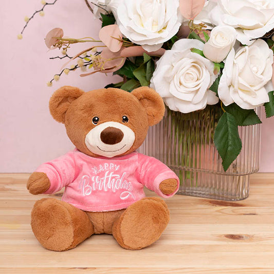 Teddy Bear Caleb w Happy Birthday T-Shirt Pink (21cmST)