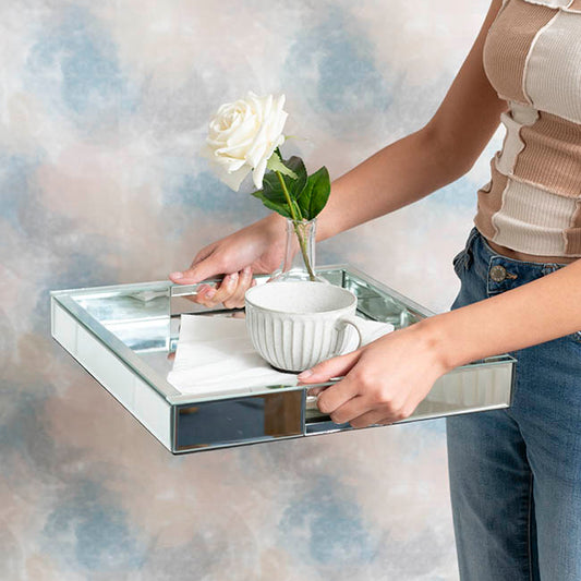 Mirror Tray Square w Handle Silver (35x35x5cmH)