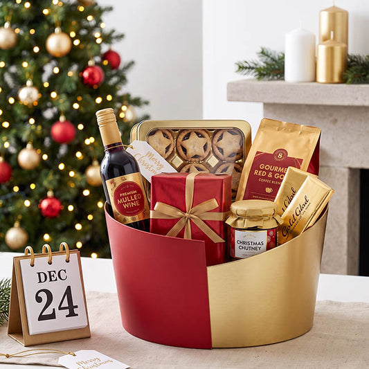 Hamper Designer Bucket Oval Gold Foil & Red(25.5x19.5x18cmH)