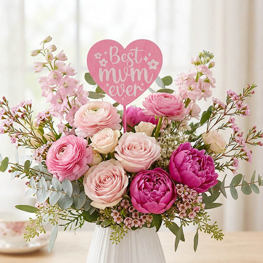 Wooden Best Mum Ever Heart Picks Pack 12 Pink (32cmH)