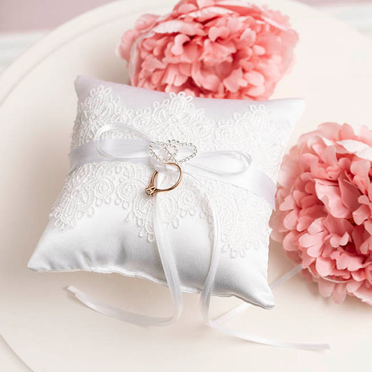 Wedding Ring Pillow w Lace Diamante Heart White (15x15cmH)