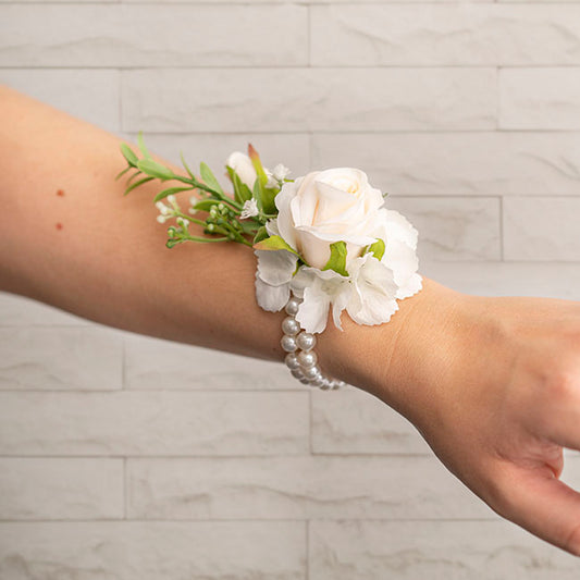 Rose & Baby's Breath Corsage Bracelet Pack 2 Beige (12cmH)