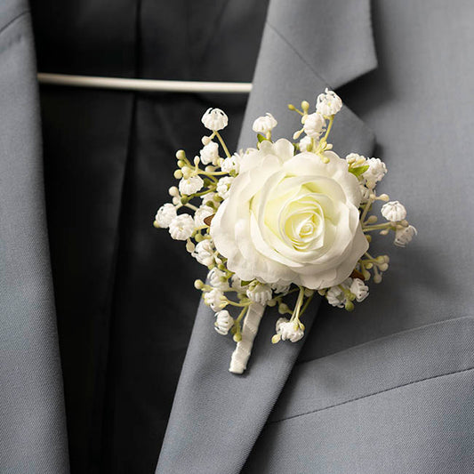 Rose & Baby's Breath Boutonniere Pack 2 White (13cmH)