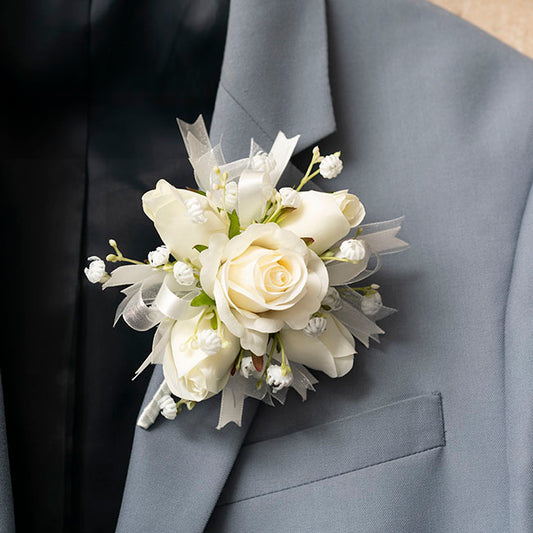 Rose & Ribbon Boutonniere Pack 2 White (13cmH)