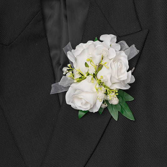 Real Touch Rose Corsage Boutonniere in Box White (13cmH)
