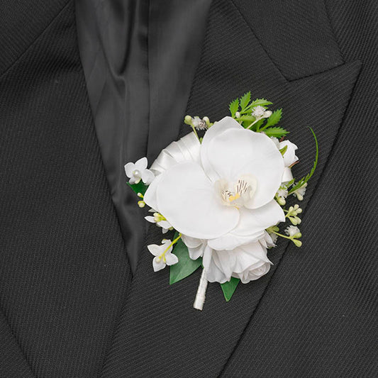 Real Touch Orchid & Rose Boutonniere in Box White (13cmH)