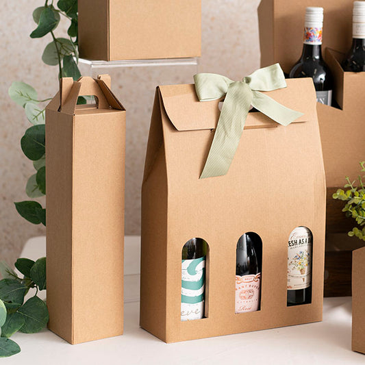 Wine Box Handle & Window 3 Bottles Kraft (26.5x9x39.5cmH)