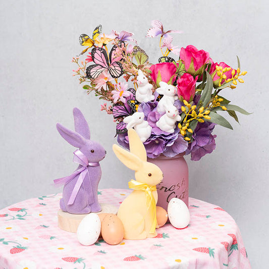 Sitting Long Ear Bunny Rabbit w Bow Flocked Purple (19cmH)