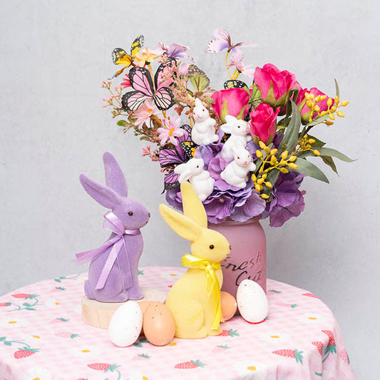 Sitting Long Ear Bunny Rabbit w Bow Flocked Yellow (19cmH)