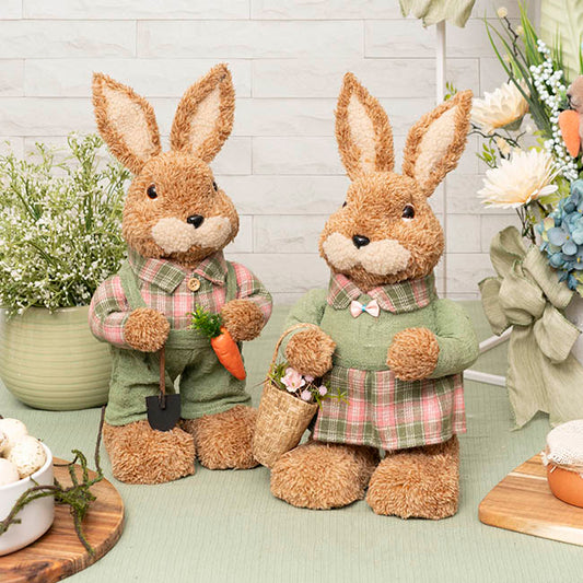 Country Female Bunny w Flower Basket Green (38cmH)