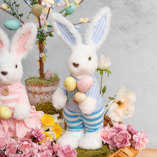 Standing Male Bunny w Egg Bouquet Blue & White (30cmH)
