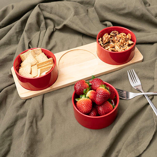 Round 3 Bowl Wooden Board Tapas Set Red (36x12x6cm)