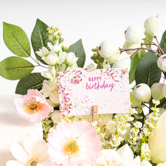 Cards White Birthday Streamers Pink (10x6.5cmH) Pk 50