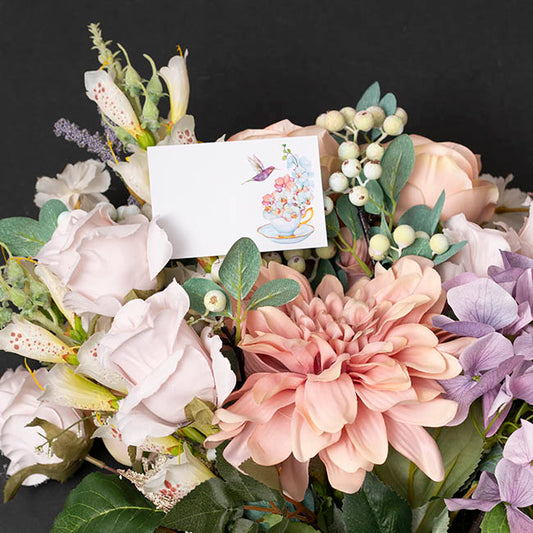 Cards White Hummingbird & TeaCup Flowers (10x6.5cmH) Pack 50