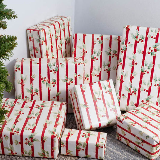 Wrapping Paper Roll Yuletide Holly Gloss White (70cmx25m)