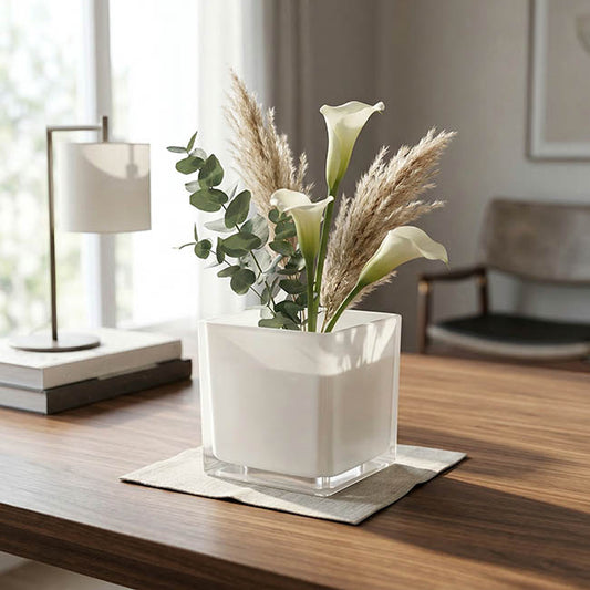 Pressed Glass Cube Vase Solid White (12x12x12cmH)