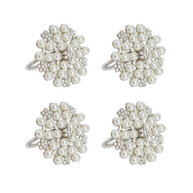 Gift Wedding - Napkin Rings - Pearl Flower Napkin Ring Pack 4 Silver (4cmD)