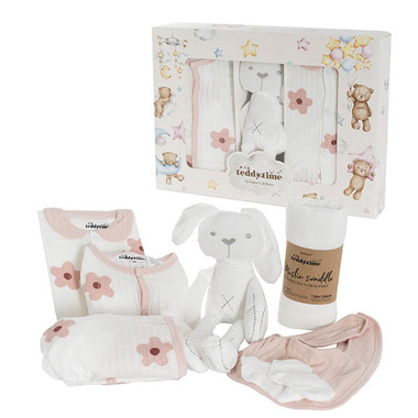 Soft Toys - Baby Gift Sets - Flower Print 100% Cotton Baby Gift Box Set 8 Soft Pink