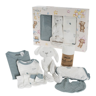 Soft Toys - Baby Gift Sets - Printed 100% Cotton Baby Gift Box Set 8 Soft Blue