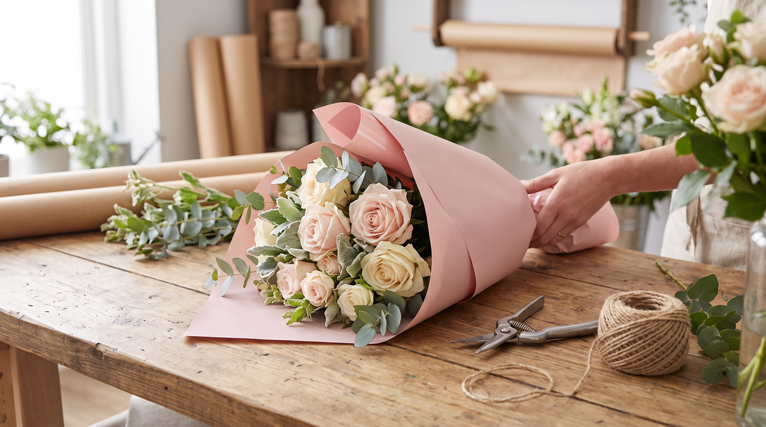 A rose and eucalyptus bouquet wrapped in Blush Pink Cello Lustre Matte Wrap with a shiny folded edge.