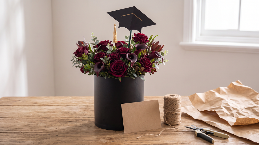 Black 2410045BK flower hat box holding a colourful flower gift arrangement.