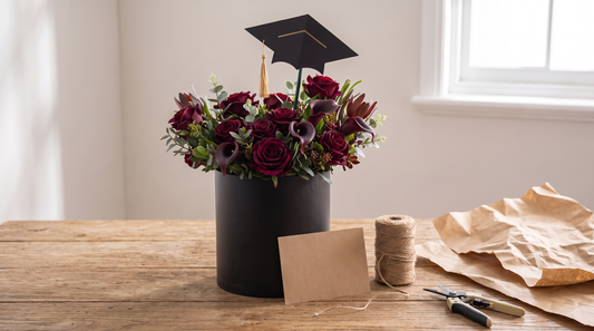 Black 2410045BK flower hat box holding a colourful flower gift arrangement.
