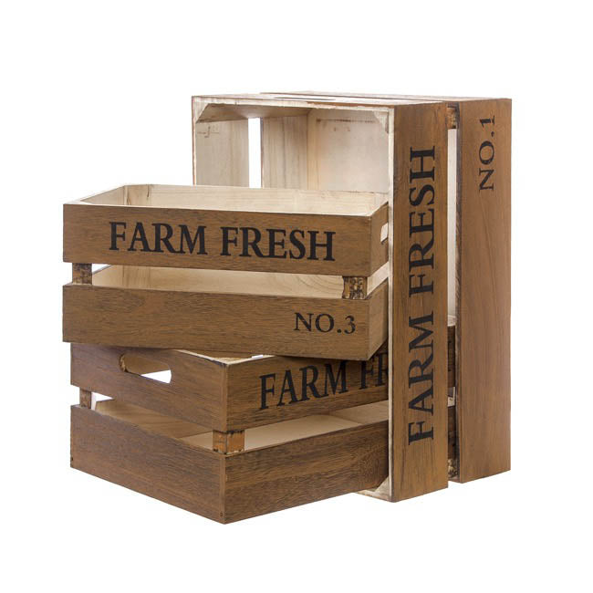 Wooden Crate "Farm Fresh" Set 3 Rustic Brown (41x31x19cmH)
