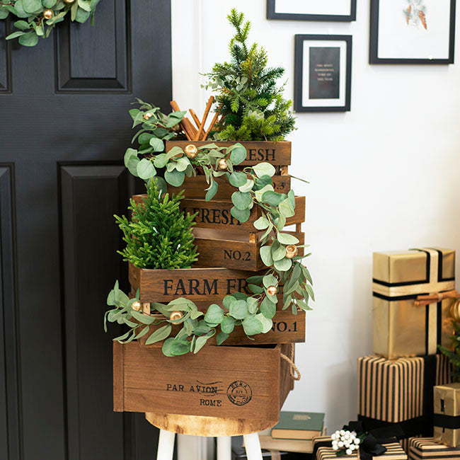 Wooden Crate "Farm Fresh" Set 3 Rustic Brown (41x31x19cmH)