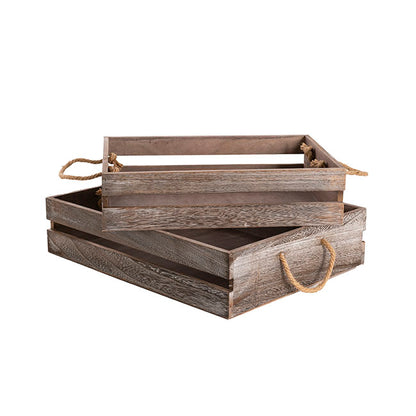 Wooden Crate Tray Rope Handle Set 2 Washed Brown 43x34x10cmH
