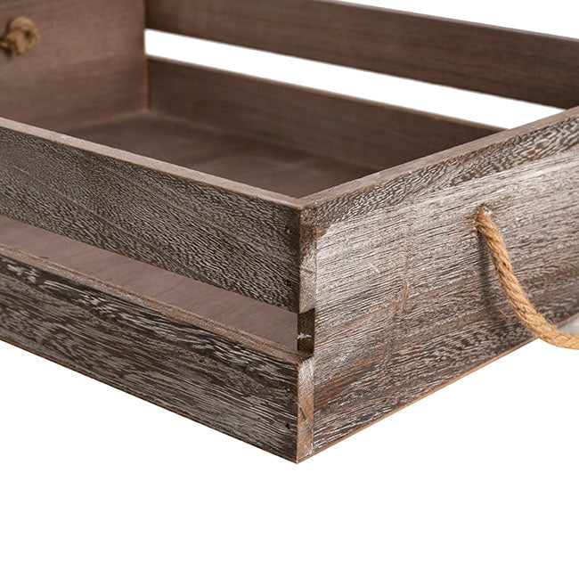 Wooden Crate Tray Rope Handle Set 2 Washed Brown 43x34x10cmH