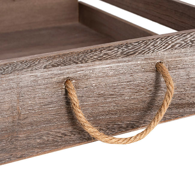 Wooden Crate Tray Rope Handle Set 2 Washed Brown 43x34x10cmH