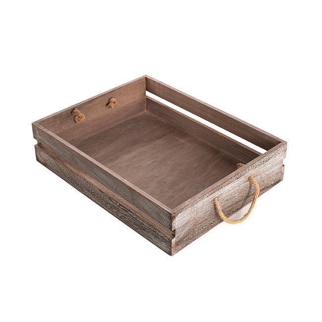 Wooden Crate Tray Rope Handle Set 2 Washed Brown 43x34x10cmH