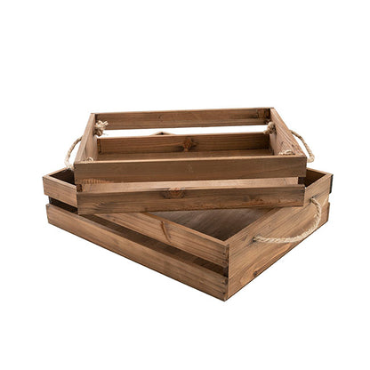 Wooden Crate Tray Rope Handle Set 2 Dark Brown (43x34x10cmH)