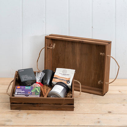 Wooden Crate Tray Rope Handle Set 2 Dark Brown (43x34x10cmH)