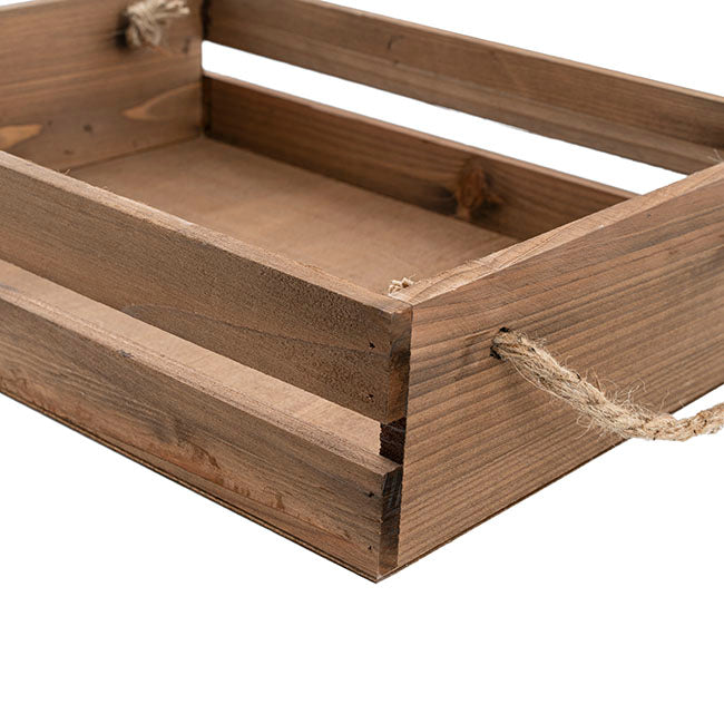 Wooden Crate Tray Rope Handle Set 2 Dark Brown (43x34x10cmH)