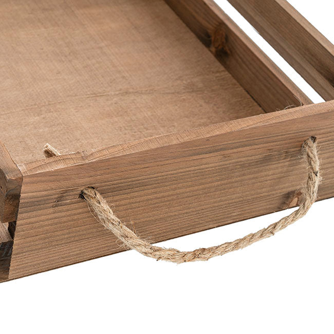 Wooden Crate Tray Rope Handle Set 2 Dark Brown (43x34x10cmH)