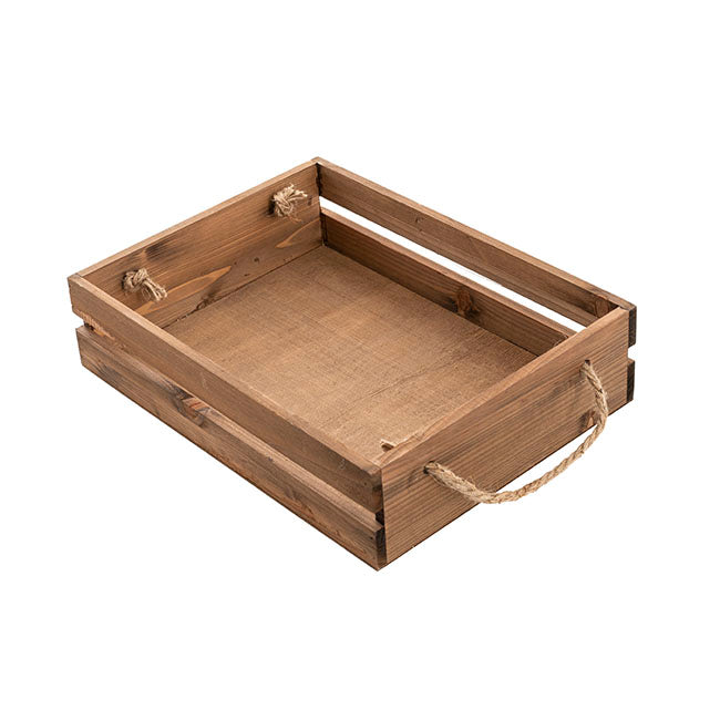 Wooden Crate Tray Rope Handle Set 2 Dark Brown (43x34x10cmH)