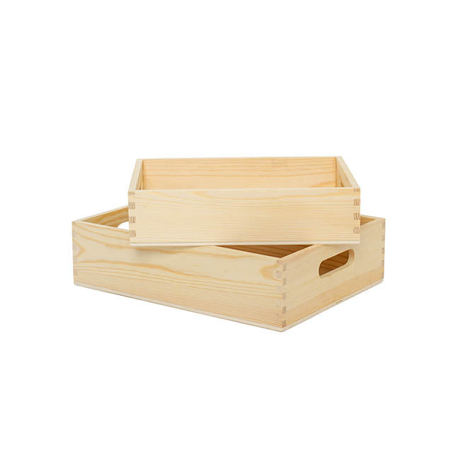 Premium Wooden Crate Box Tray Natural Small Set 2 31x23x8cmH