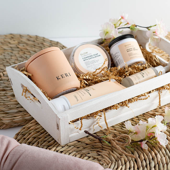 Wooden Hamper Tray with Slats White Wash (41x27x12cmH)