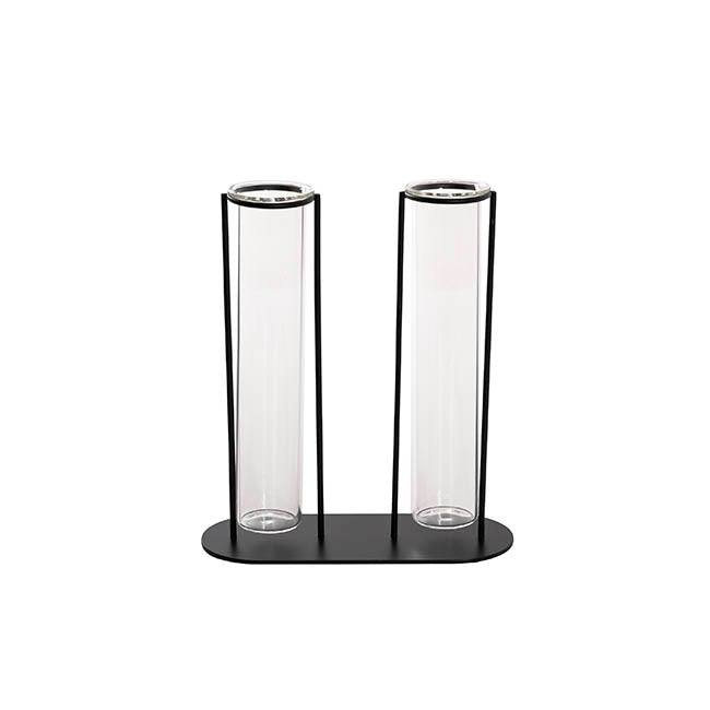 Glass Two Tube Vase Metal Frame Black Large (15.6Dx17.5cmH)